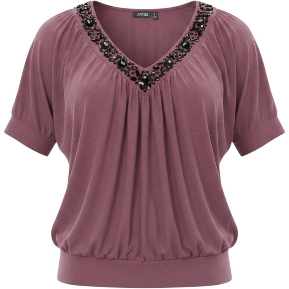 Apt. 9 Blouse Women L Plum Purple Excellent Embellished V-Neck Banded Hem Top‎